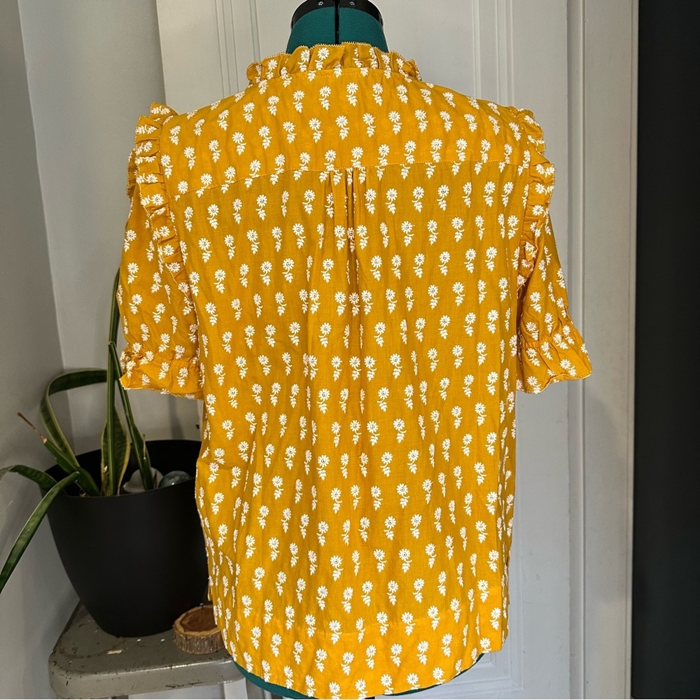 J. Crew Mustard Yellow Floral Tie-Neck Ruffle Sleeve Blouse - Picture 2 of 9